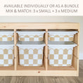 Load image into Gallery viewer, a wooden storage unit with multiple white and tan checkered storage bins arranged in rows. The storage unit has a simple, functional design with a wooden frame and shelves.