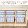 Load image into Gallery viewer, a wooden shelf with six plastic storage bins arranged in two rows of three, providing a mix of small and medium-sized storage options.