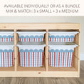 Load image into Gallery viewer, a wooden storage unit with multiple compartments, each containing a plastic bin with a striped pattern in red, white, and blue. The storage unit appears to be designed for organizing and storing various items.