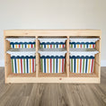 Load image into Gallery viewer, A wooden shelf with six colorful storage bins arranged on it.