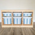 Load image into Gallery viewer, A wooden shelf with six blue and white striped storage bins arranged in two rows of three.