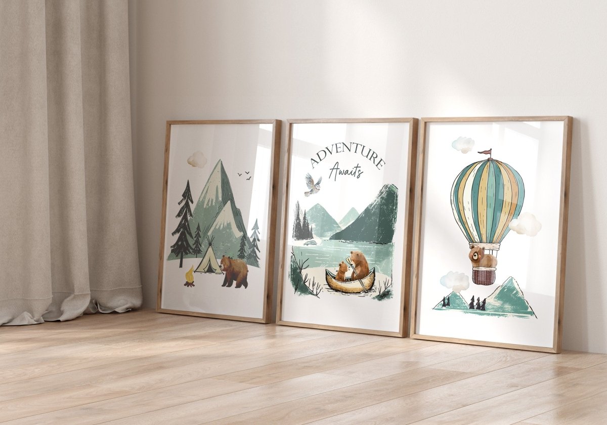 Adventure Awaits, Bear Theme Kids Wall Art | Set of 3 Nursery Prints - RoseRowanDesign - Wall Art