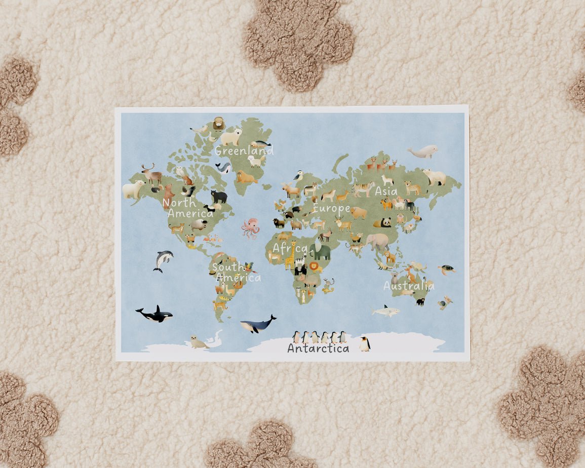 Animal World Map Print – Kids Room, Nursery & Playroom Wall Art - RoseRowanDesign -