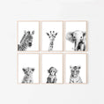 Load image into Gallery viewer, Black and White Safari Animal Prints | Set of 6 Monochrome Nursery Wall Art - RoseRowanDesign - Wall Art