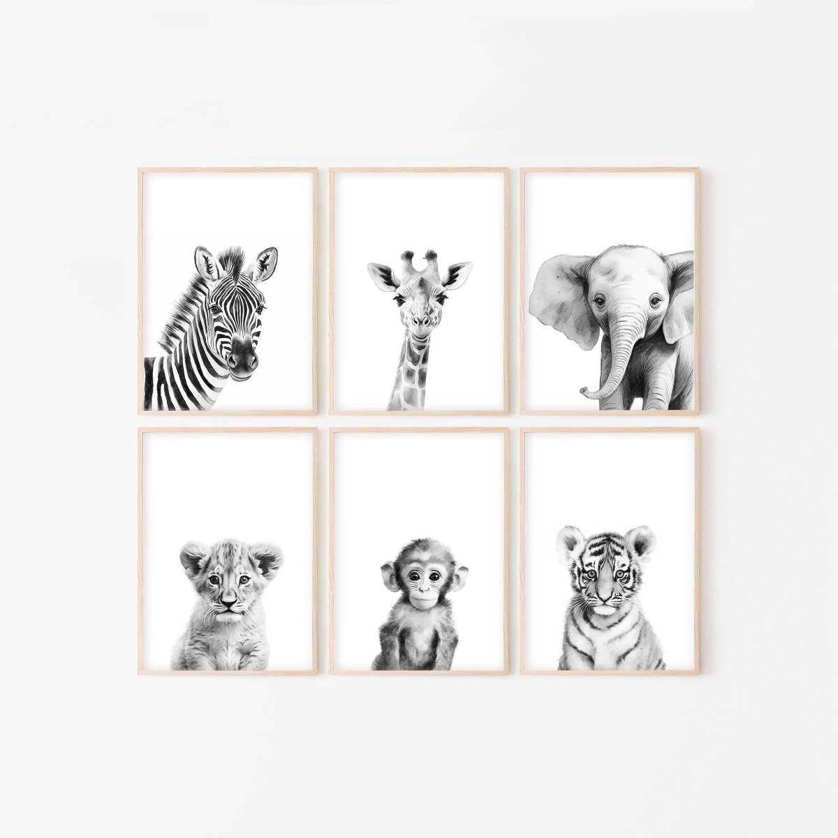 Black and White Safari Animal Prints | Set of 6 Monochrome Nursery Wall Art - RoseRowanDesign - Wall Art
