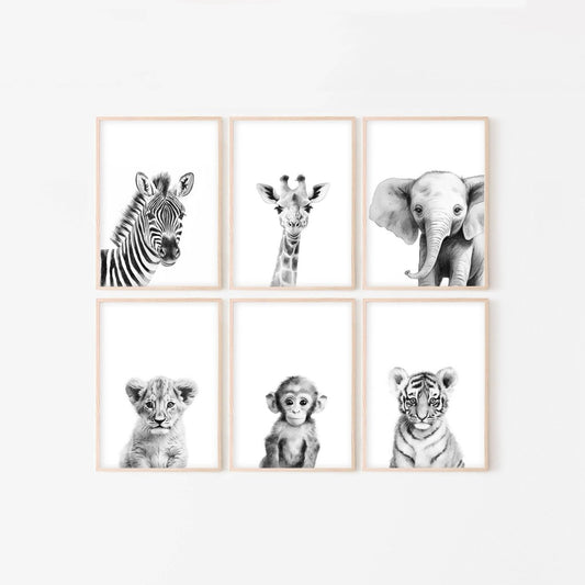 Black and White Safari Animal Prints | Set of 6 Monochrome Nursery Wall Art - RoseRowanDesign - Wall Art