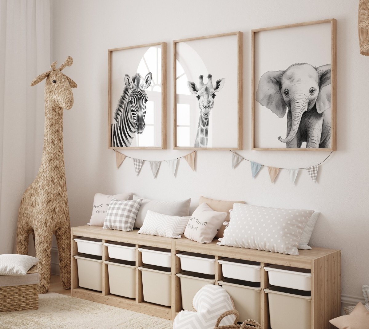 Black and White Safari Animal Wall Art | Set of 3 Monochrome Prints - RoseRowanDesign - Wall Art