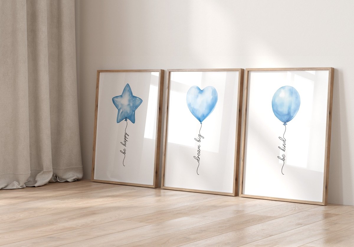 Blue Balloon Nursery Wall Art | Set of 3 | Boys Bedroom & Playroom Decor - RoseRowanDesign -