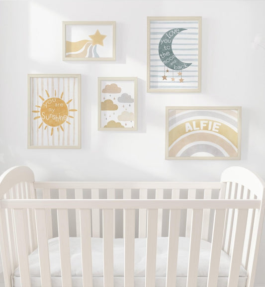 Boho Celestial Nursery Gallery Wall Art – Moon, Sun & Star Prints - RoseRowanDesign - Wall Art
