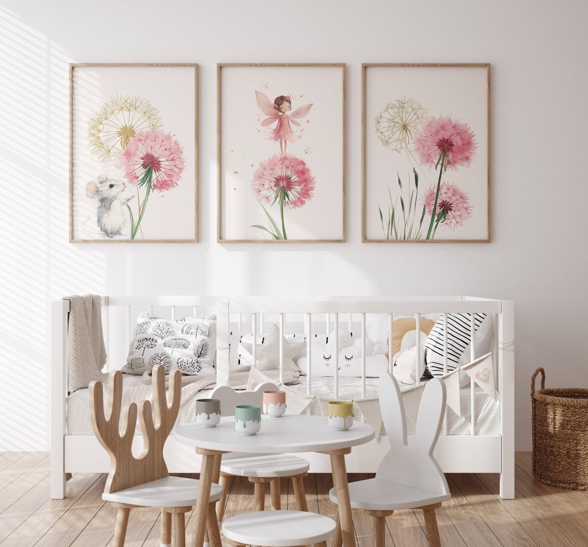 Boho Fairy Nursery Prints | Set of 3 | Pink Dandelion Wall Art for Girls' Bedroom - RoseRowanDesign -