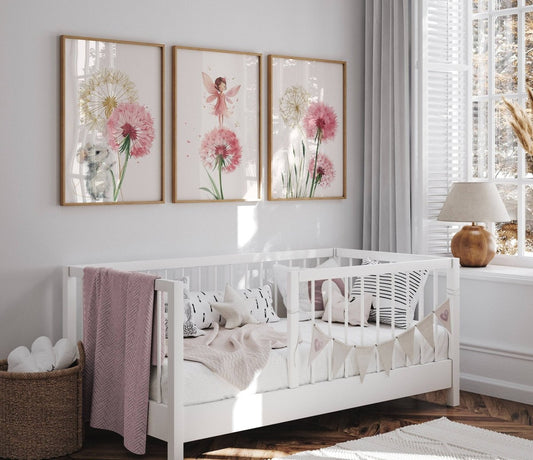 Boho Fairy Nursery Prints | Set of 3 | Pink Dandelion Wall Art for Girls' Bedroom - RoseRowanDesign -