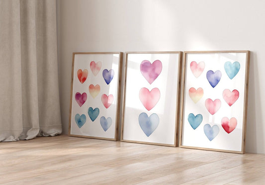 Boho Hearts Nursery Prints | Set of 3 | Pastel Watercolor Wall Art for Girls' Bedroom & Playroom - RoseRowanDesign -