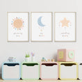 Load image into Gallery viewer, Boho Nursery Prints | Set of 3 Celestial Prints | Sun, Moon & Stars Art for Baby Girl's Room - RoseRowanDesign - Wall Art