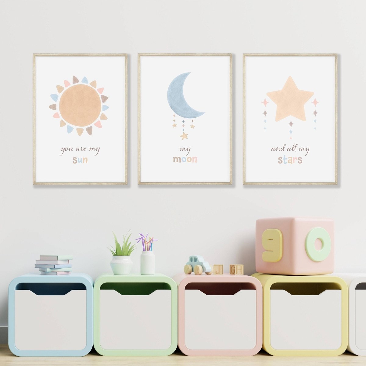 Boho Nursery Prints | Set of 3 Celestial Prints | Sun, Moon & Stars Art for Baby Girl's Room - RoseRowanDesign - Wall Art