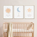 Load image into Gallery viewer, Boho Nursery Prints | Set of 3 Celestial Prints | Sun, Moon & Stars Art for Baby Girl's Room - RoseRowanDesign - Wall Art