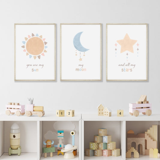 Boho Nursery Prints | Set of 3 Celestial Prints | Sun, Moon & Stars Art for Baby Girl's Room - RoseRowanDesign - Wall Art