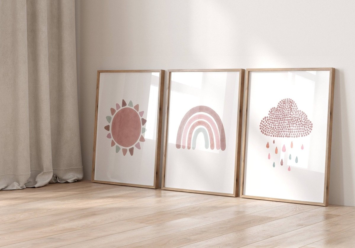 Boho Nursery Prints | Set of 3 Rainbow Sunshine & Cloud Wall Art | Custom Colour - RoseRowanDesign - Wall Art
