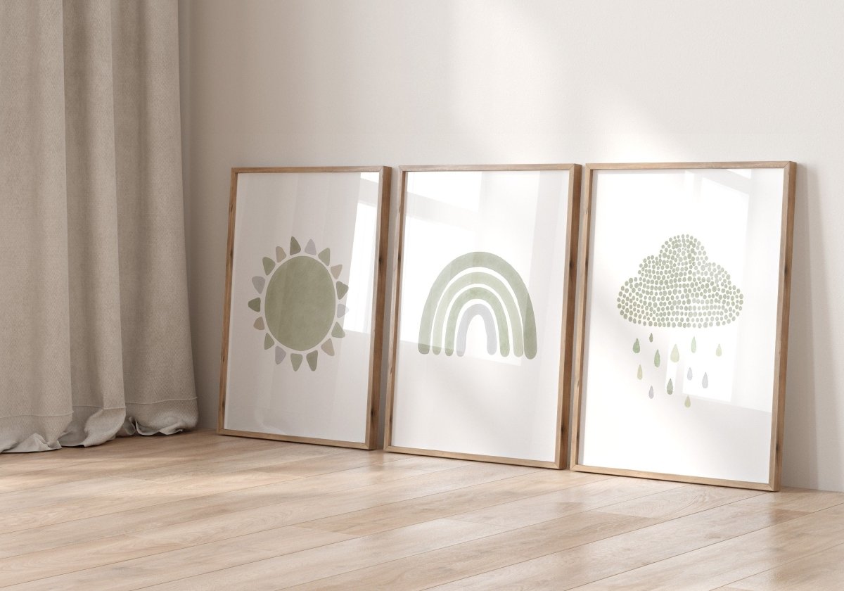 Boho Nursery Prints | Set of 3 Rainbow Sunshine & Cloud Wall Art | Custom Colour - RoseRowanDesign - Wall Art