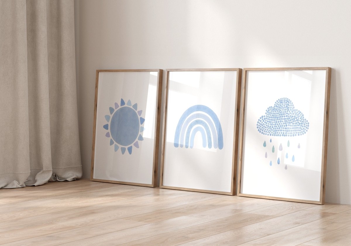 Boho Nursery Prints | Set of 3 Rainbow Sunshine & Cloud Wall Art | Custom Colour - RoseRowanDesign - Wall Art