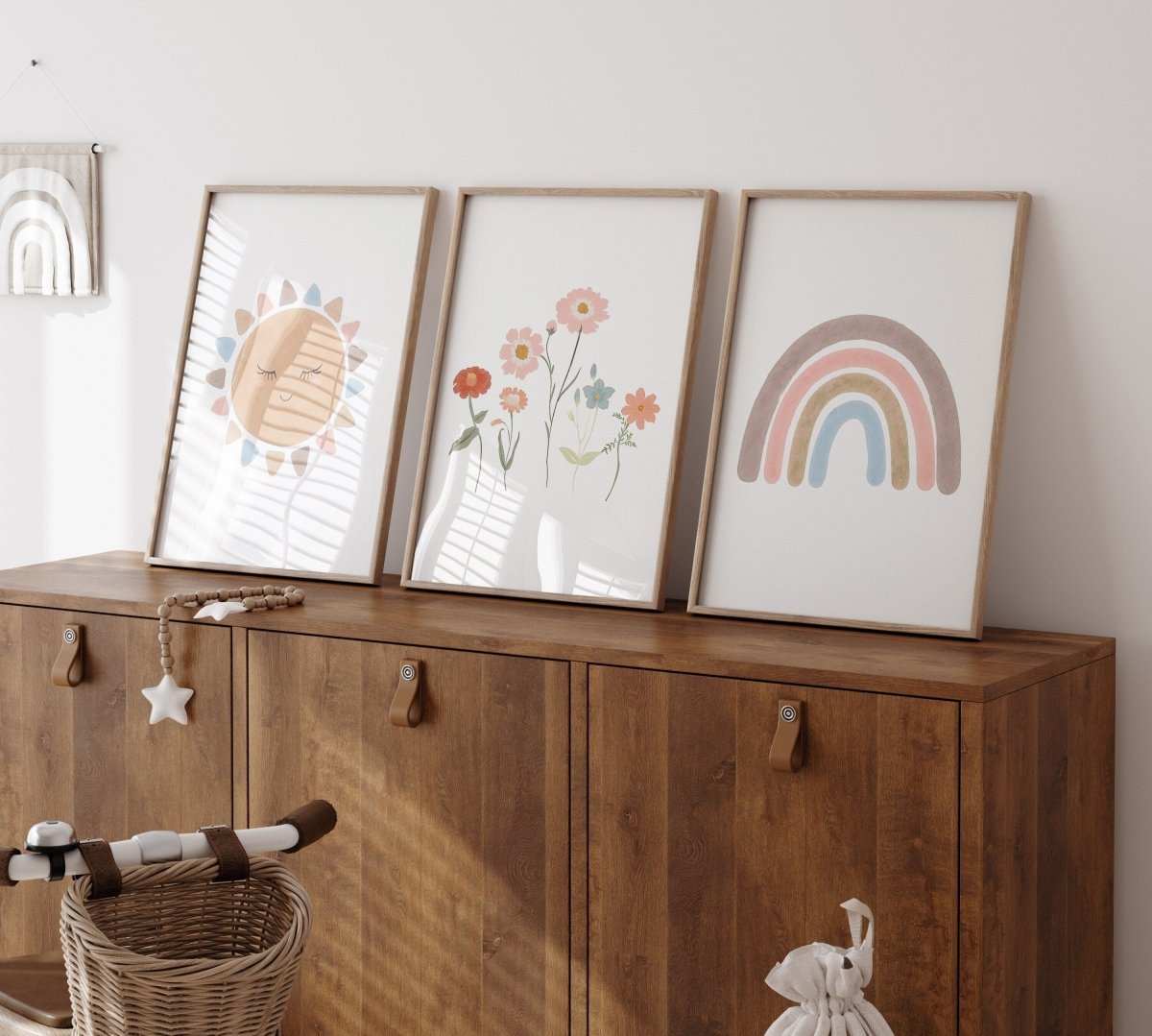 Boho Nursery Prints | Set of 3 Rainbow & Wildflower Art for Baby Girls' Bedroom - RoseRowanDesign - Wall Art