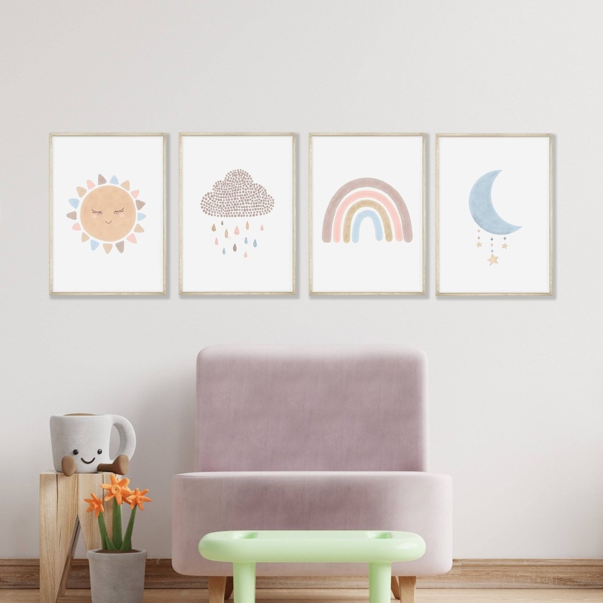 Boho Nursery Prints | Set of 4 Rainbow & Weather Art for Baby Girls' Bedroom - RoseRowanDesign - Wall Art