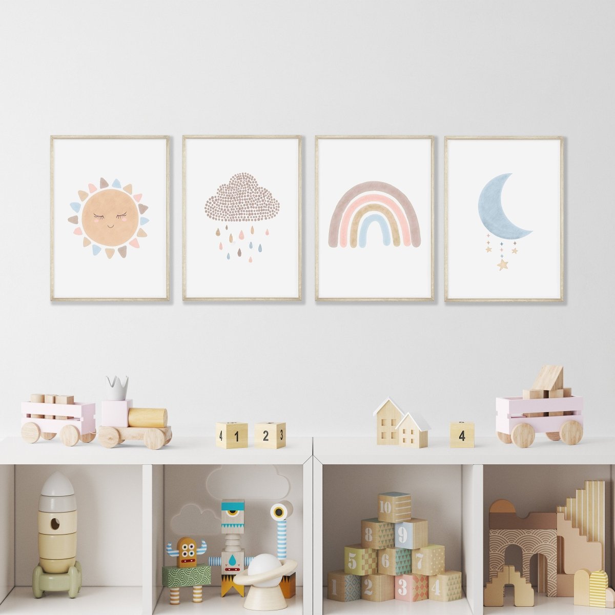 Boho Nursery Prints | Set of 4 Rainbow & Weather Art for Baby Girls' Bedroom - RoseRowanDesign - Wall Art