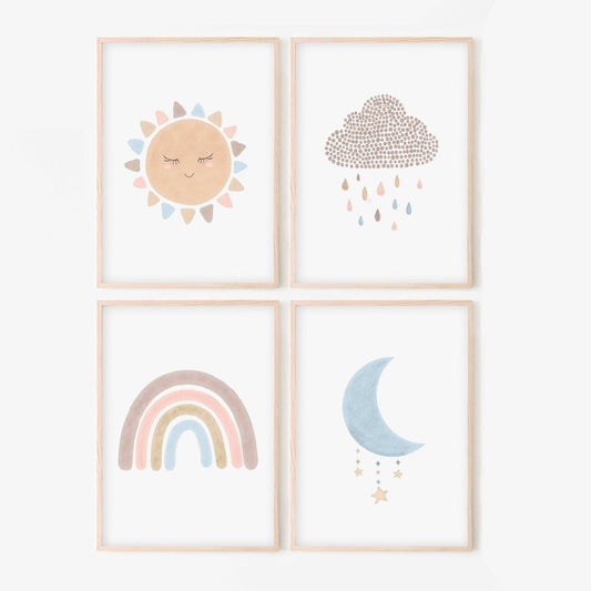 Boho Nursery Prints | Set of 4 Rainbow & Weather Art for Baby Girls' Bedroom - RoseRowanDesign - Wall Art