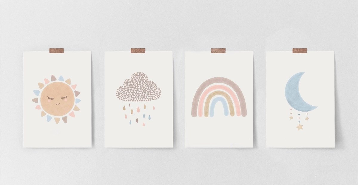 Boho Nursery Prints | Set of 4 Rainbow & Weather Art for Baby Girls' Bedroom - RoseRowanDesign - Wall Art