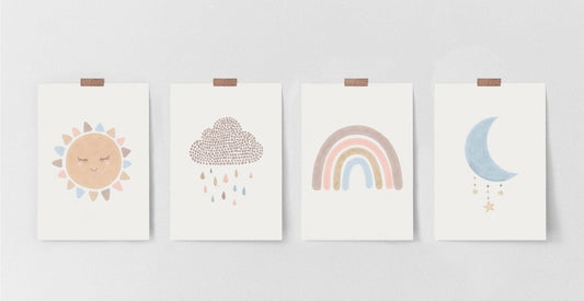 Boho Nursery Prints | Set of 4 Rainbow & Weather Art for Baby Girls' Bedroom - RoseRowanDesign - Wall Art