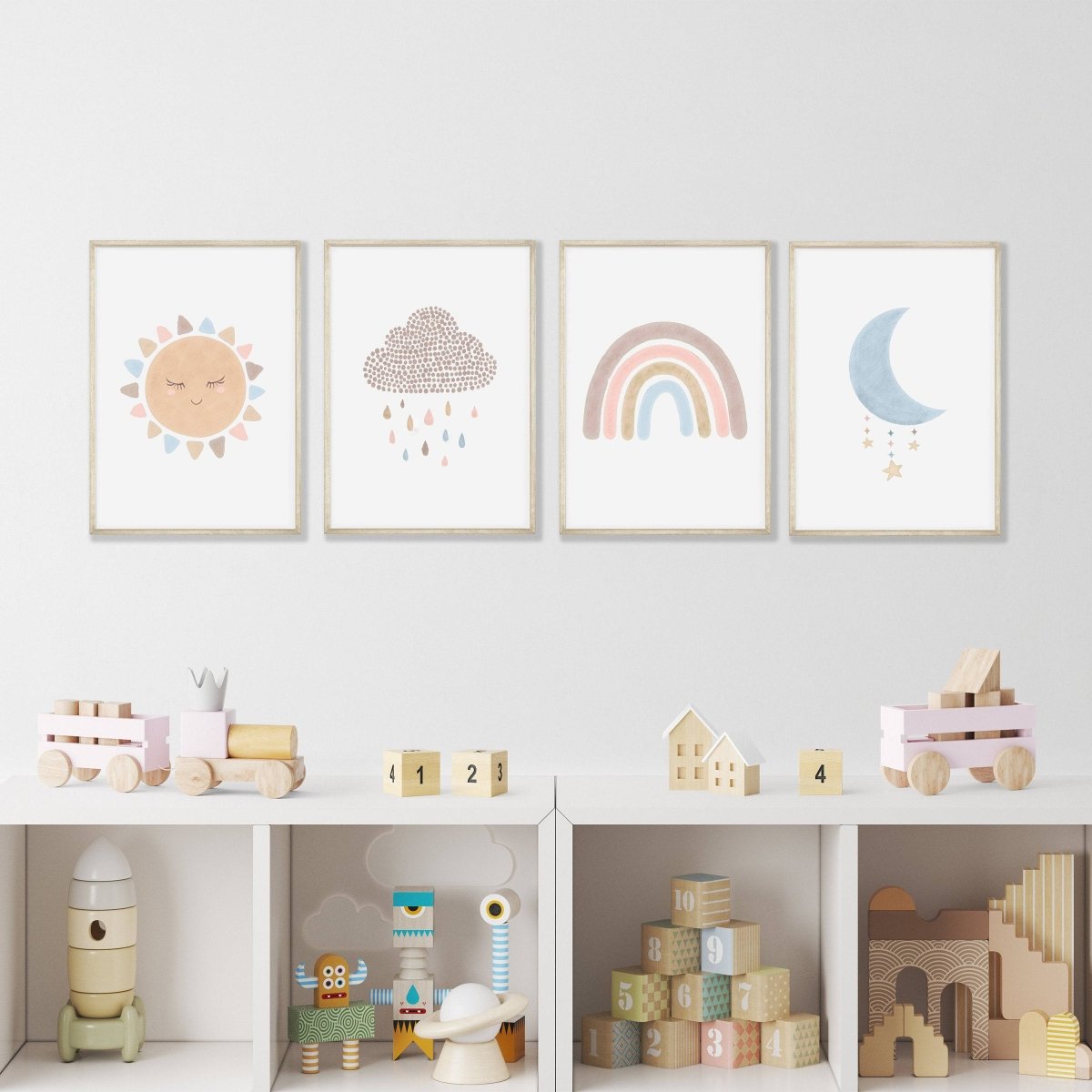 Boho Nursery Prints | Set of 4 Rainbow & Weather Art for Baby Girls' Bedroom - RoseRowanDesign - Wall Art