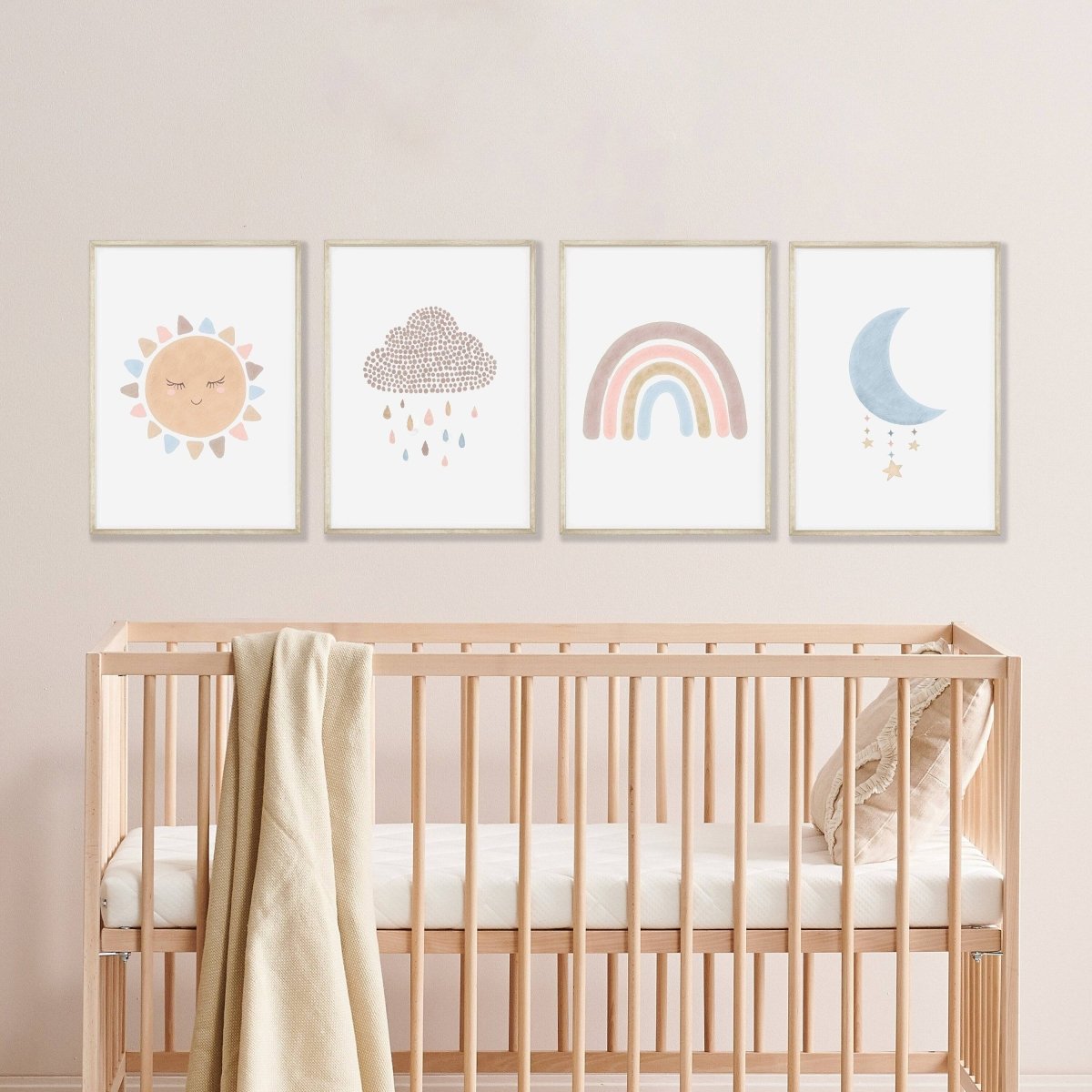 Boho Nursery Prints | Set of 4 Rainbow & Weather Art for Baby Girls' Bedroom - RoseRowanDesign - Wall Art