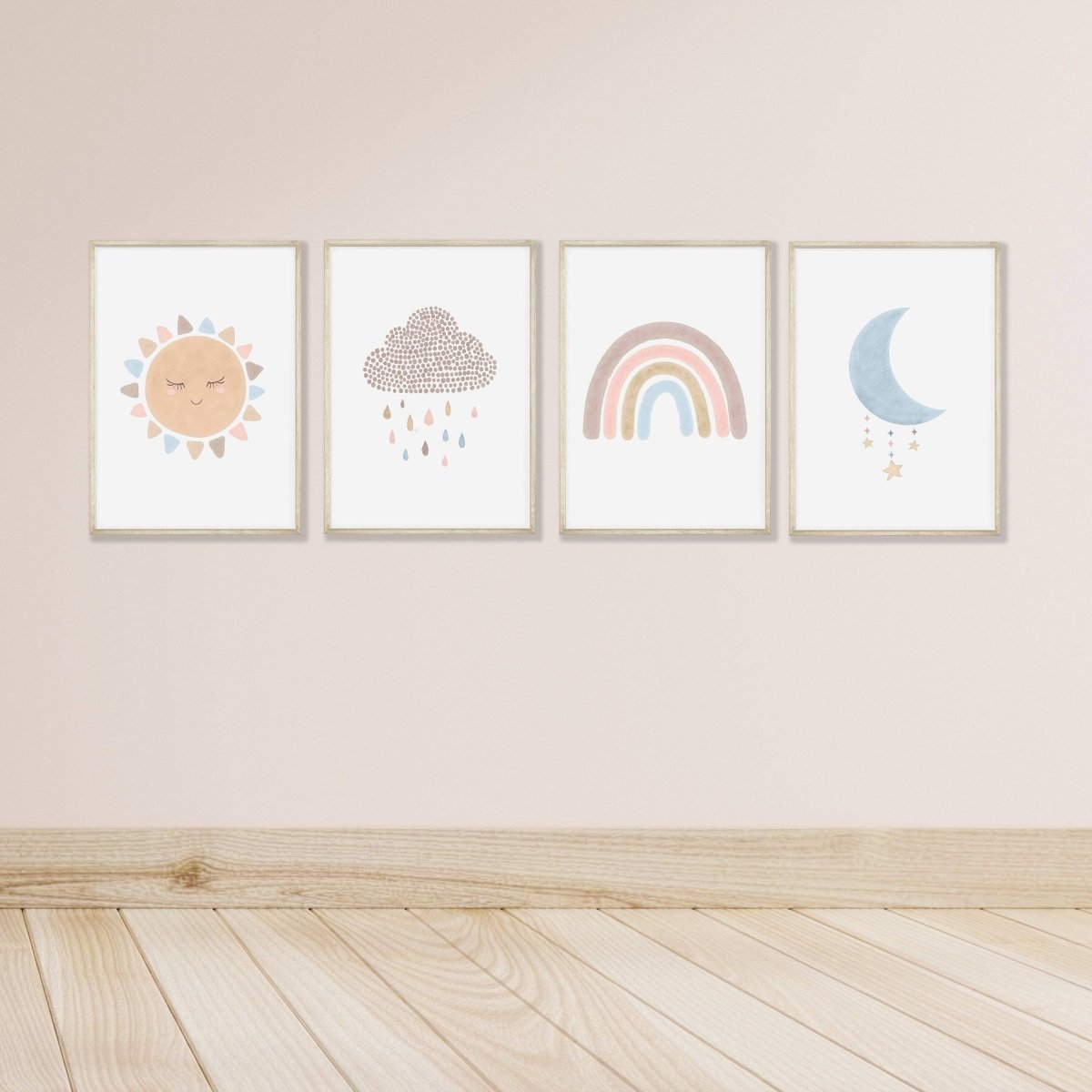 Boho Nursery Prints | Set of 4 Rainbow & Weather Art for Baby Girls' Bedroom - RoseRowanDesign - Wall Art