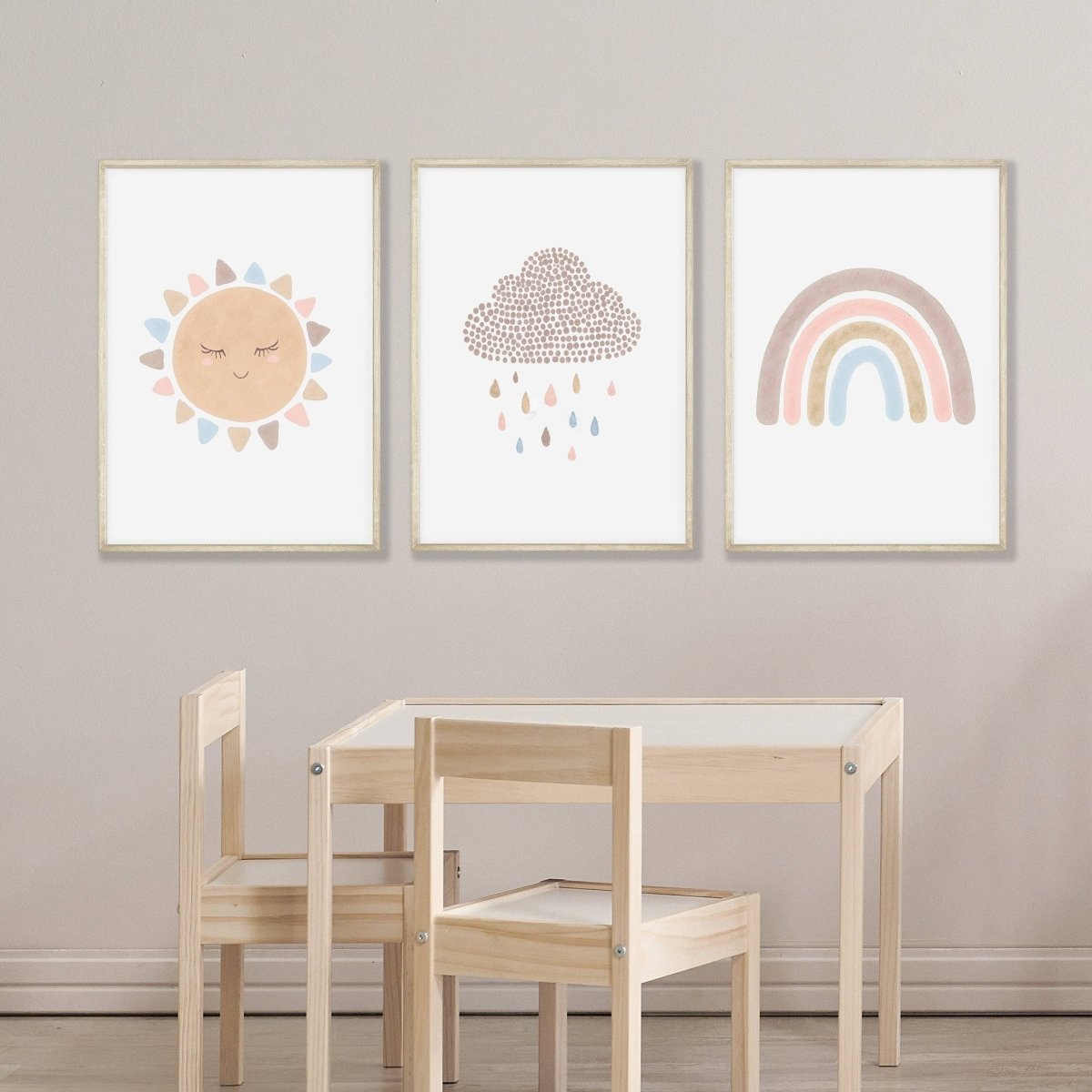 Boho Rainbow Nursery Prints | Set of 3 Sunshine & Cloud Wall Art - RoseRowanDesign - Wall Art