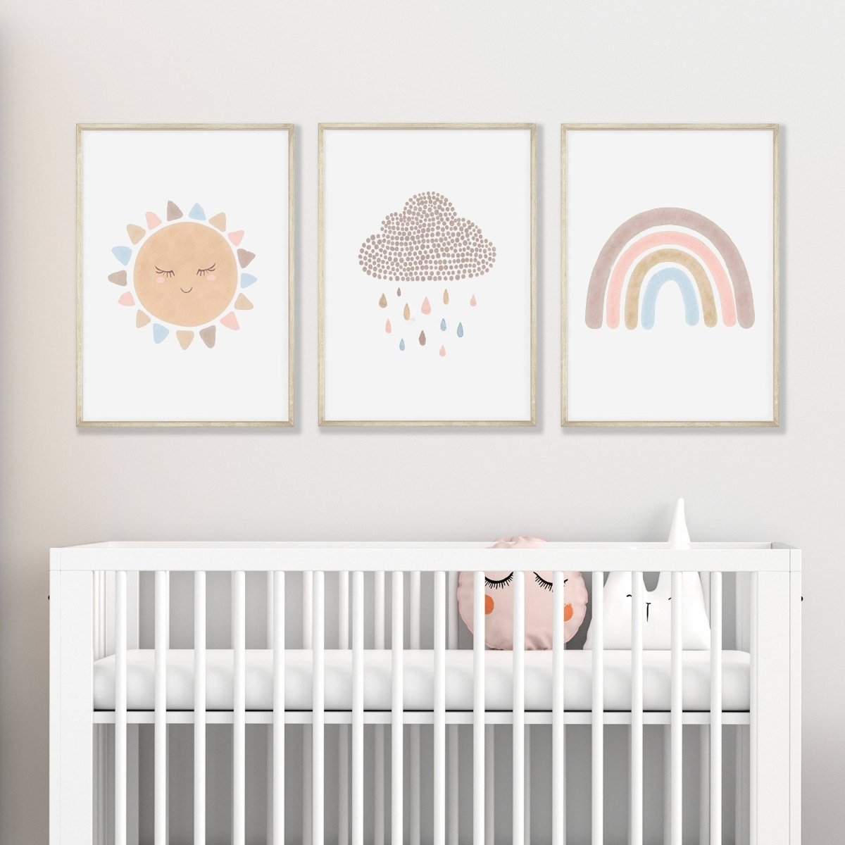 Boho Rainbow Nursery Prints | Set of 3 Sunshine & Cloud Wall Art - RoseRowanDesign - Wall Art