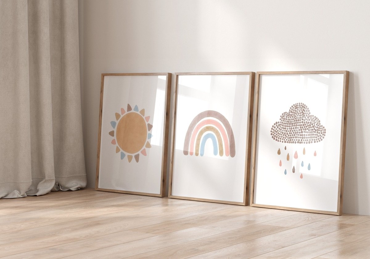Boho Rainbow Nursery Prints | Set of 3 Sunshine & Cloud Wall Art - RoseRowanDesign - Wall Art