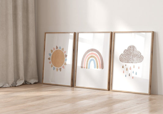 Boho Rainbow Nursery Prints | Set of 3 Sunshine & Cloud Wall Art - RoseRowanDesign - Wall Art