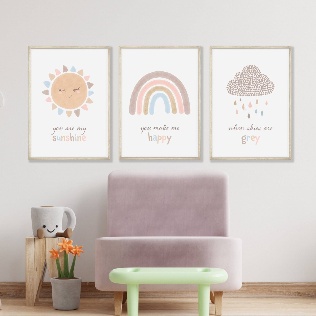 Boho Rainbow Nursery Prints | Set of 3 | You Are My Sunshine Art - RoseRowanDesign - Wall Art