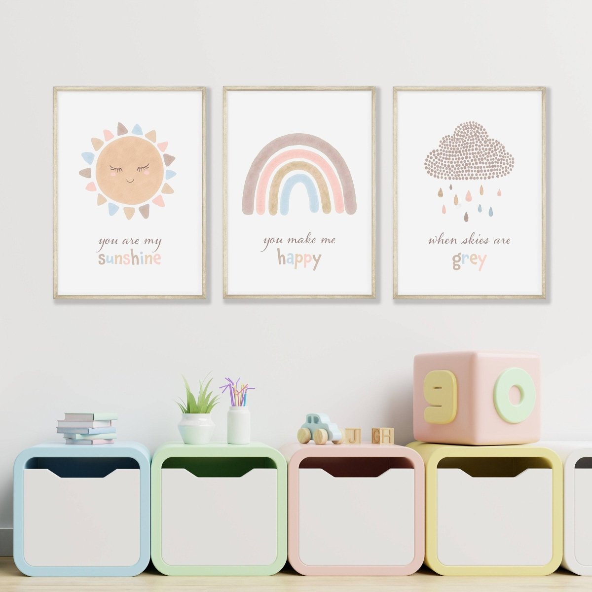 Boho Rainbow Nursery Prints | Set of 3 | You Are My Sunshine Art - RoseRowanDesign - Wall Art
