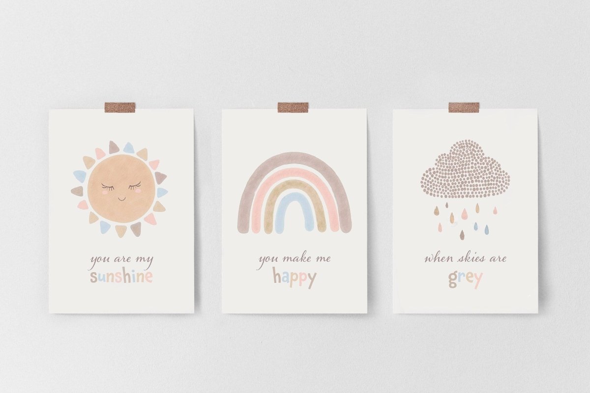 Boho Rainbow Nursery Prints | Set of 3 | You Are My Sunshine Art - RoseRowanDesign - Wall Art