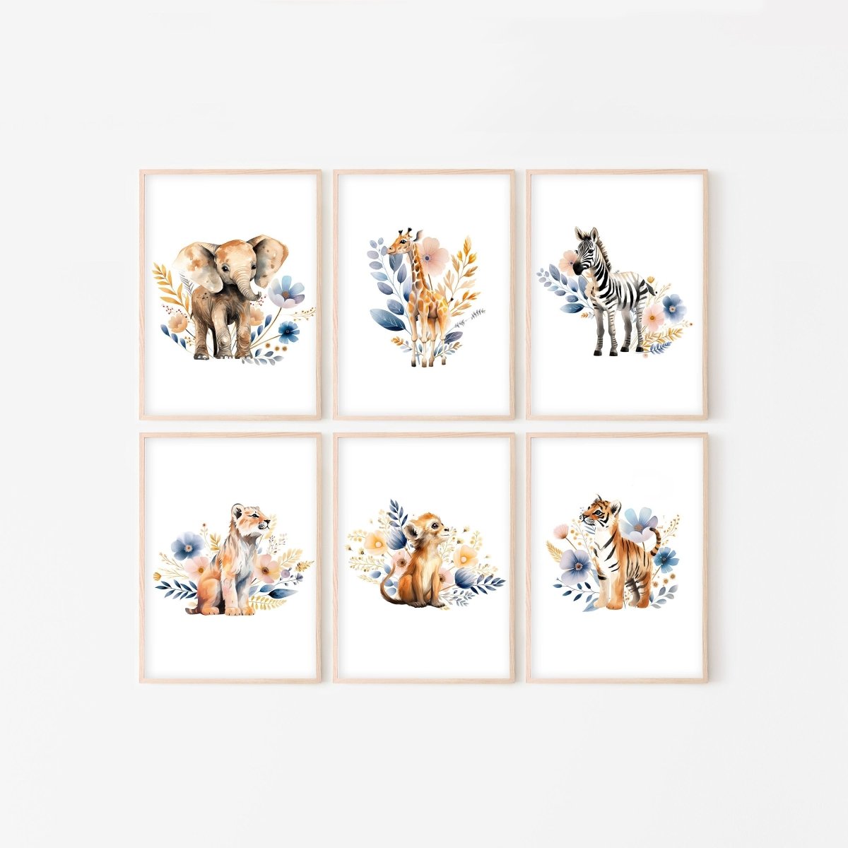 Boho Safari Animal Nursery Prints | Set of 6 | Wildflower Floral Wall Art for Baby Girl's Room - RoseRowanDesign -