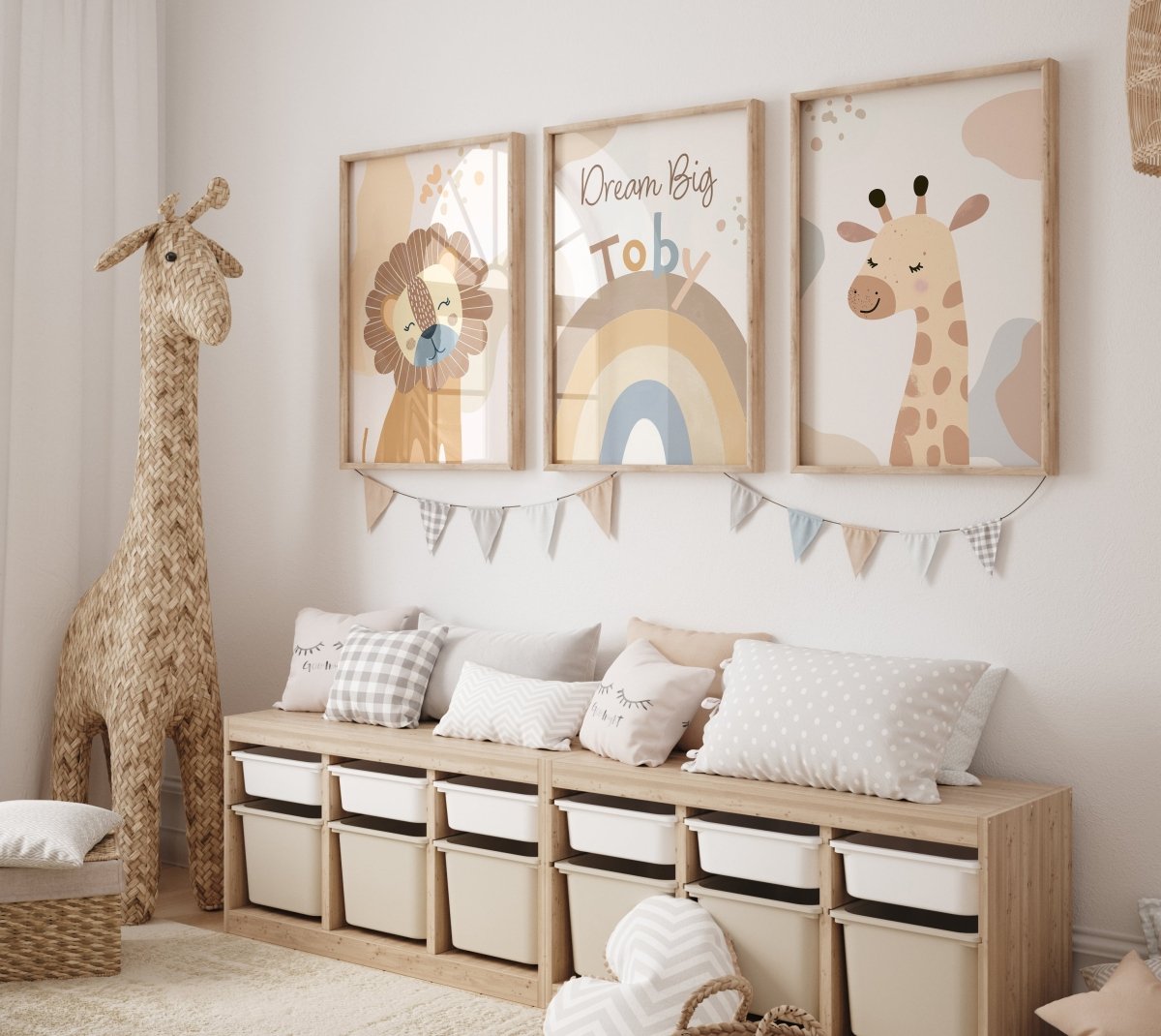 Boho Safari Animals Nursery Wall Art | Set of 3 Prints | Personalised Name - RoseRowanDesign - Wall Art
