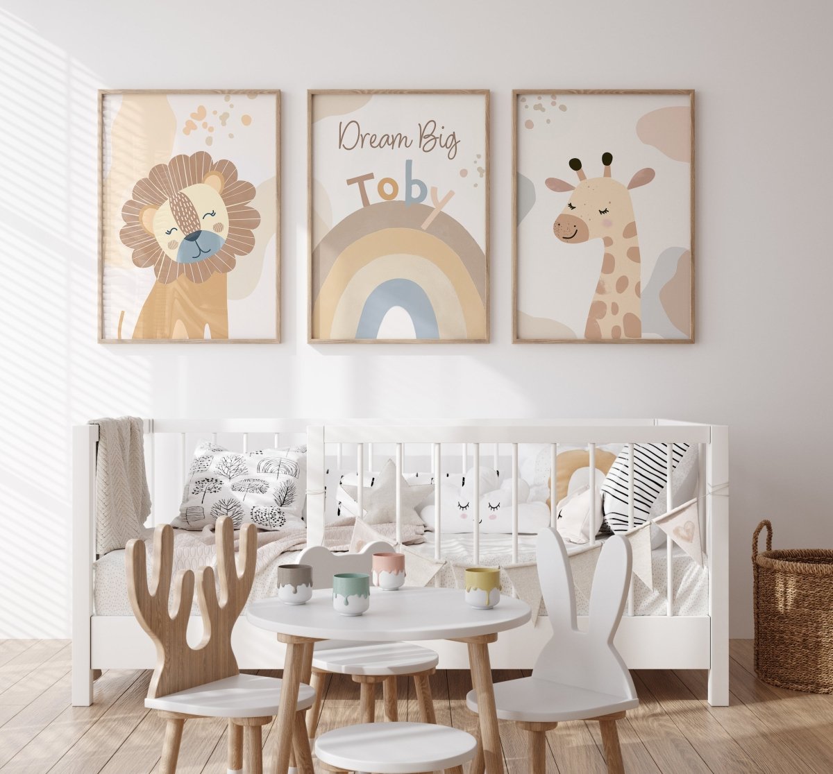 Boho Safari Animals Nursery Wall Art | Set of 3 Prints | Personalised Name - RoseRowanDesign - Wall Art