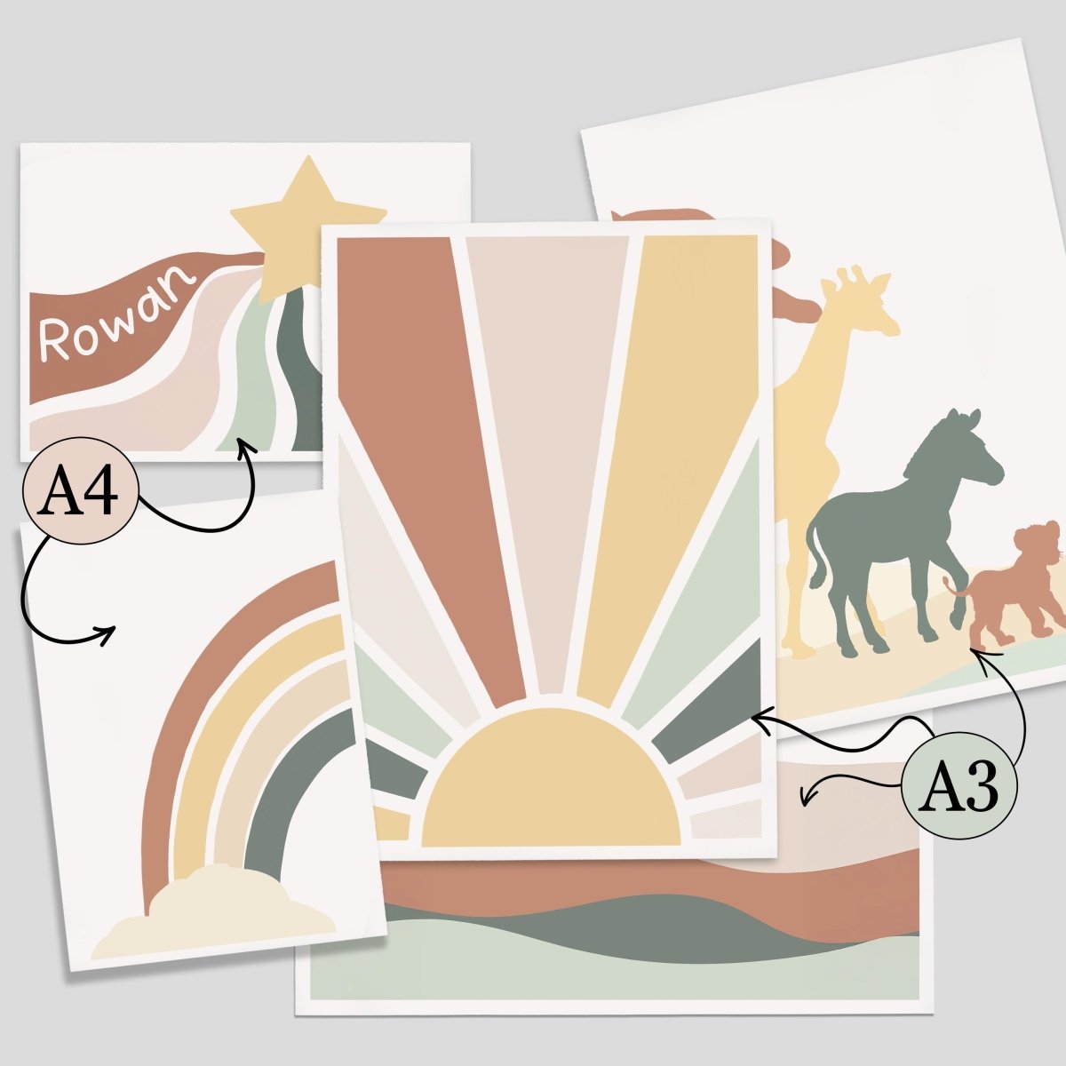 Boho Safari Nursery Gallery Wall Art – Earthy Animal Prints - RoseRowanDesign - Wall Art