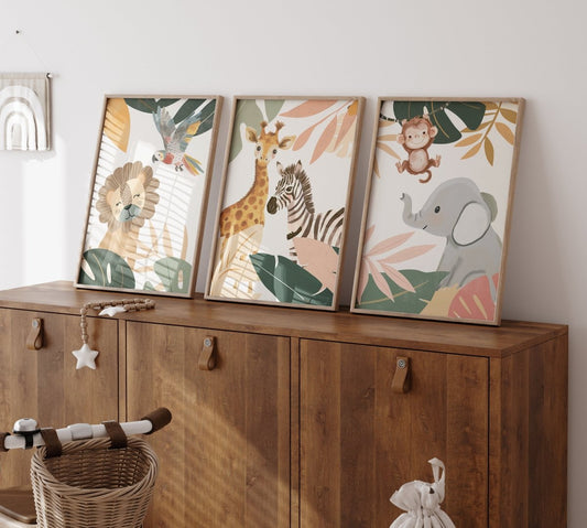 Botanical Safari Animals Nursery Wall Art | Set of 3 Prints - RoseRowanDesign - Wall Art
