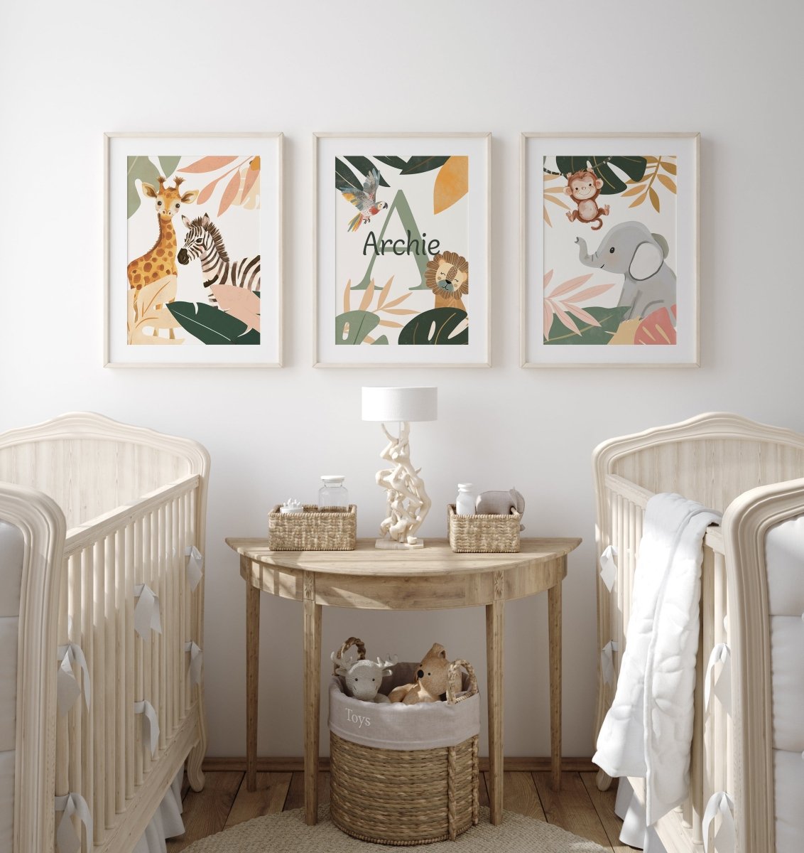 Botanical Safari Animals Nursery Wall Art | Set of 3 Prints | Personalised Name - RoseRowanDesign - Wall Art