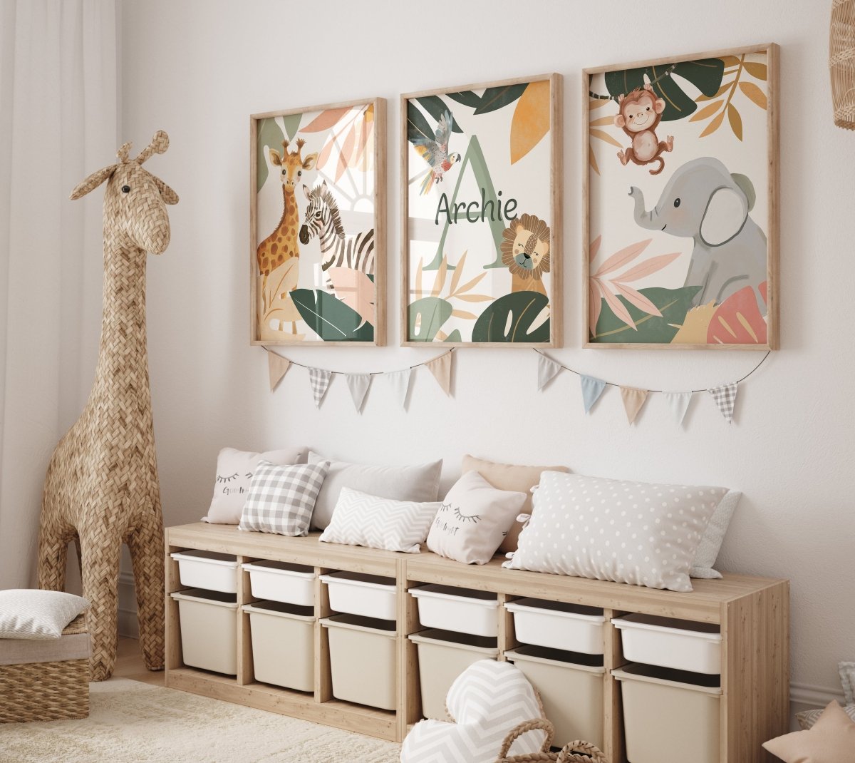 Botanical Safari Animals Nursery Wall Art | Set of 3 Prints | Personalised Name - RoseRowanDesign - Wall Art