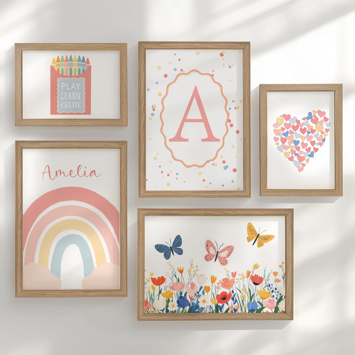 Bright Nursery Gallery Wall Art – Rainbow, Butterflies, Flowers & Personalised Name Set - RoseRowanDesign -