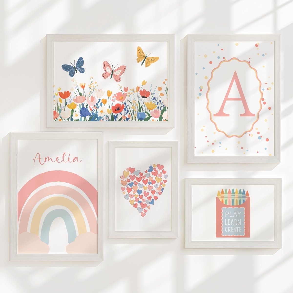 Bright Nursery Gallery Wall Art – Rainbow, Butterflies, Flowers & Personalised Name Set - RoseRowanDesign -
