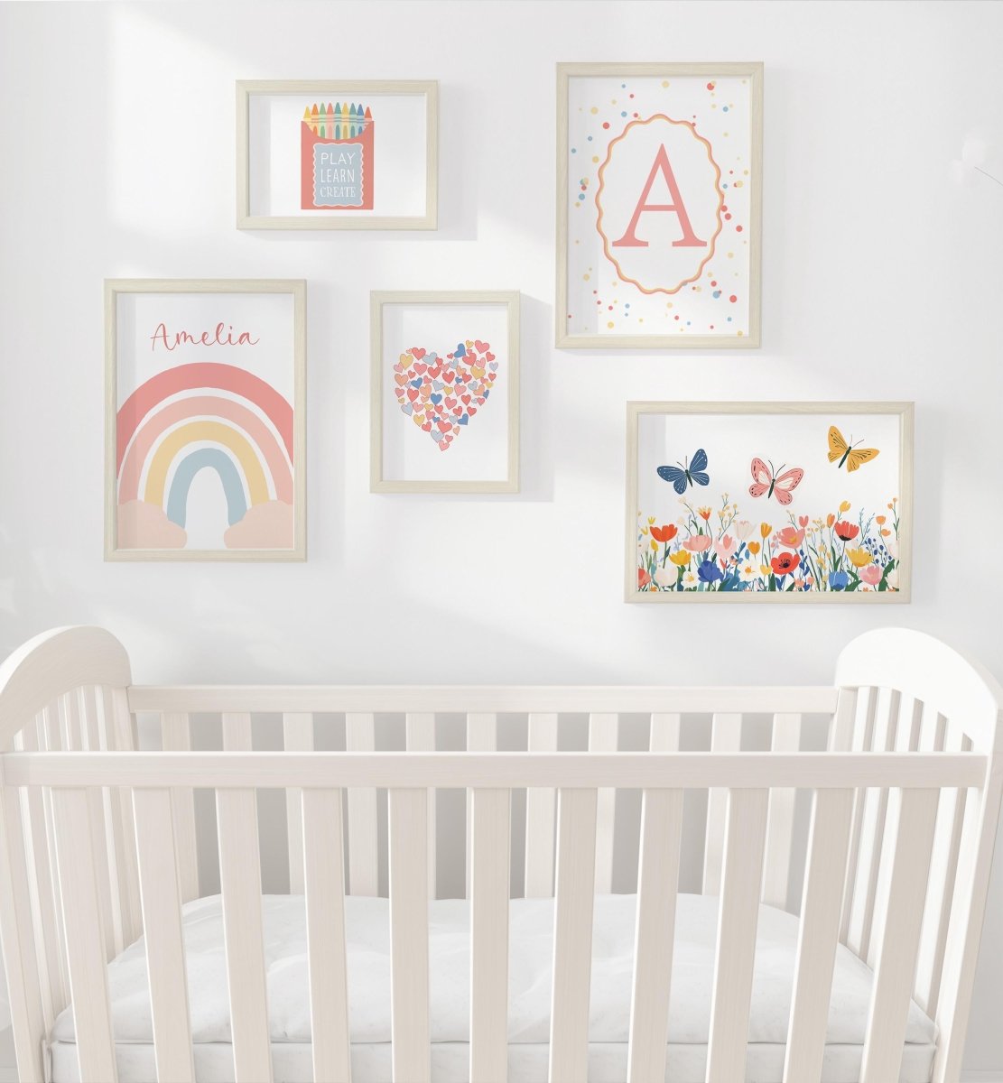 Bright Nursery Gallery Wall Art – Rainbow, Butterflies, Flowers & Personalised Name Set - RoseRowanDesign -