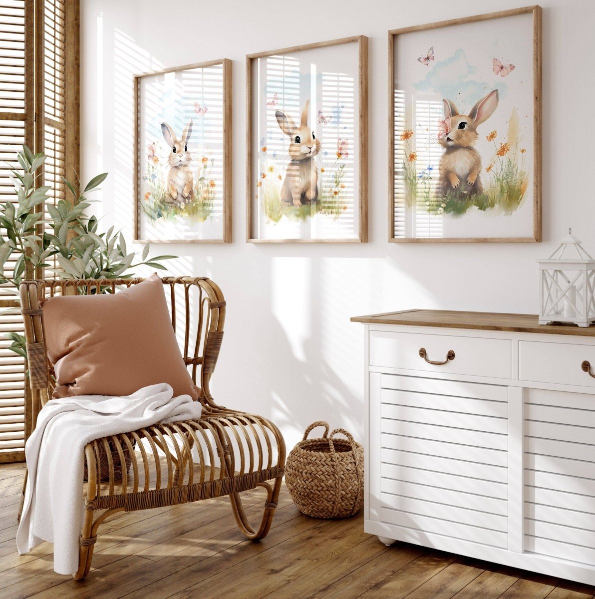 Bunny Nursery Wall Prints | Set of 3 | Wildflower & Butterfly Wall Art for Baby Girl's Room - RoseRowanDesign -